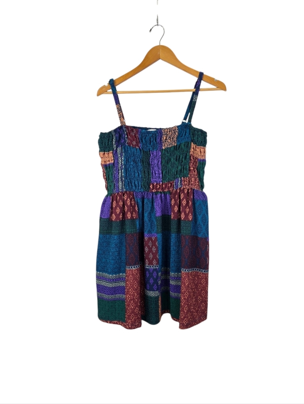 Earthbound Trading Co Sundress Patchwork Boho Smocked Bodice Earthy Size Large